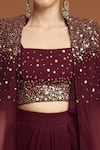 Buy_RIRASA_Maroon Organza Embroidery Bead Square Celeste And Sequin Cape & Draped Skirt Set 