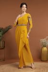 Buy_RIRASA_Yellow Georgette Embroidery Thread V Neck Bloom Draped Dress With Belt _at_Aza_Fashions