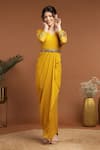 RIRASA_Yellow Georgette Embroidery Thread V Neck Bloom Draped Dress With Belt _Online_at_Aza_Fashions