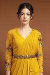 Shop_RIRASA_Yellow Georgette Embroidery Thread V Neck Bloom Draped Dress With Belt _Online_at_Aza_Fashions