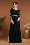 Buy_RIRASA_Black Georgette Embroidery Thread Round Neck Blossom Draped Dress With Belt _at_Aza_Fashions