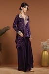 RIRASA_Purple Satin Embroidery Thread V Neck Gul Kurta With Draped Skirt _at_Aza_Fashions