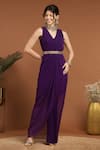 Buy_RIRASA_Purple Georgette Solid V Neck Draped Dress With Belt _at_Aza_Fashions