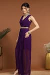 RIRASA_Purple Georgette Solid V Neck Draped Dress With Belt _Online_at_Aza_Fashions