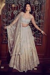 MATSYA_Beige Blouse And Lehenga Tissue Embroidery The Starlight Mogra Dori Bridal Set _Online_at_Aza_Fashions