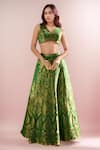 Buy_Samyukta Singhania_Green Brocade Banarasi Embroidered Antique Sequin V Neck Lehenga Set _at_Aza_Fashions