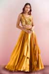 Buy_PAC FASHION CLOTHING_Yellow Lehenga Milano Satin Embroidered Acrylic Sweetheart Blouse And Set _at_Aza_Fashions