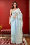 Buy_Samyukta Singhania_Blue Linen Blend Hand Painted Flower Saree With Running Blouse _at_Aza_Fashions