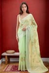 Buy_Samyukta Singhania_Green Linen Blend Hand Painted Bloom Saree With Running Blouse _at_Aza_Fashions