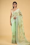 Buy_Samyukta Singhania_Green Linen Blend Hand Painted Bloom Saree With Running Blouse 