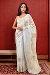 Buy_Samyukta Singhania_Grey Linen Blend Hand Painted Bloom Garden Saree With Running Blouse _at_Aza_Fashions