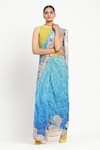 Satya Paul_Blue Silk Chiffon Print Floral Seafoam Saree With Unstitched Blouse Piece _at_Aza_Fashions