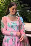 Shop_Harshita Singhvi_Pink Georgette Satin Print Bloom Scoop Neck Gathered Flare Anarkali With Dupatta _Online_at_Aza_Fashions