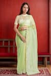 Buy_Samyukta Singhania_Green Organza Embroidered Pearl Illusion High Neck Zardozi Blouse And Saree Set _at_Aza_Fashions