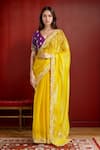 Buy_Samyukta Singhania_Yellow Saree Organza Embroidered Thread V Neck Blouse And Set _at_Aza_Fashions