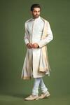 Buy_Char Chaand_Ivory Linen Satin Embroidery Glass Bead Sherwani Set _Online_at_Aza_Fashions