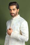 Char Chaand_Ivory Linen Satin Embroidery Glass Bead Sherwani Set _at_Aza_Fashions