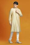 Char Chaand_Beige Linen Satin Embroidery Thread Floral Vine Sherwani Set _at_Aza_Fashions