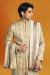 Shop_Char Chaand_Beige Linen Satin Embroidery Thread Floral Vine Sherwani Set 