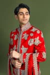 Char Chaand_Red Linen Satin Embroidery Aari Floral Sherwani Set _at_Aza_Fashions