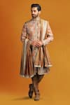 Buy_Char Chaand_Beige Silk Printed Paisley Sherwani Set _at_Aza_Fashions