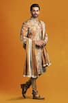 Buy_Char Chaand_Beige Silk Printed Paisley Sherwani Set _Online_at_Aza_Fashions