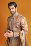 Shop_Char Chaand_Beige Silk Printed Paisley Sherwani Set _Online_at_Aza_Fashions