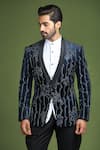 Shop_Char Chaand_Blue Velvet Embroidery Glass Bead Tuxedo Set _Online_at_Aza_Fashions