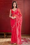 Buy_Samyukta Singhania_Red Shimmer Floral Mirror Work Saree _at_Aza_Fashions