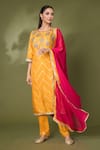 Buy_Samyukta Singhania_Yellow Kurta And Pant Silk Hand Embroidered Kundan Round Set _at_Aza_Fashions