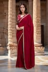 Buy_Samyukta Singhania_Red Pure Chanderi Silk Hand Embroidered V Neck Saree With Floral Blouse _at_Aza_Fashions