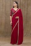 Samyukta Singhania_Red Pure Chanderi Silk Hand Embroidered V Neck Saree With Floral Blouse _at_Aza_Fashions