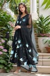 Buy_Samyukta Singhania_Black Anarkali Muslin Handpainted Floral V-neck Pant Set _at_Aza_Fashions