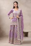 Buy_Samyukta Singhania_Purple Silk Embroidered Gota Notched Round Kurta Lehenga Set _at_Aza_Fashions