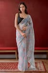 Buy_Samyukta Singhania_Grey Saree Organza Printed Floral With Running Blouse _at_Aza_Fashions