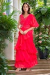 Buy_Samyukta Singhania_Red Georgette Embroidery Sequin V Neck Plain Tiered Pre-draped Ruffle Saree Set _at_Aza_Fashions