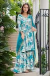 Buy_Samyukta Singhania_Blue Dupatta Organza Abstract Print Short Anarkali Kurta Sharara Set _at_Aza_Fashions