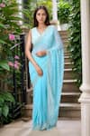 Buy_Samyukta Singhania_Blue Blended Embroidery Mirror V Neck Wave Saree With Blouse _at_Aza_Fashions