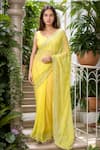 Buy_Samyukta Singhania_Yellow Blended Embroidery Mirror Leaf Sheesha Wave Pattern Saree With Blouse _at_Aza_Fashions