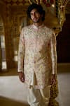 Buy_Seema Gujral_Cream Sherwani Raw Silk Embroidery Resham Floral Set _at_Aza_Fashions