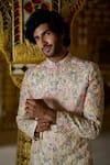 Shop_Seema Gujral_Cream Sherwani Raw Silk Embroidery Resham Floral Set _at_Aza_Fashions