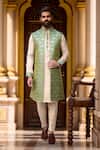 Buy_Arihant Rai Sinha_Green Silk, Satin Embroidery Floral Jaal Print Longline Bundi Kurta Set _at_Aza_Fashions
