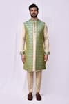 Shop_Arihant Rai Sinha_Green Silk, Satin Embroidery Floral Jaal Print Longline Bundi Kurta Set _Online_at_Aza_Fashions