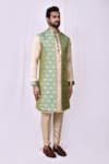 Buy_Arihant Rai Sinha_Green Silk, Satin Embroidery Floral Jaal Print Longline Bundi Kurta Set 