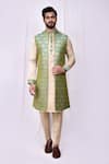 Shop_Arihant Rai Sinha_Green Silk, Satin Embroidery Floral Jaal Print Longline Bundi Kurta Set 