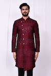 Buy_Aryavir Malhotra_Red Sherwani Velvet Embroidered Thread Work And Pant Set _Online_at_Aza_Fashions