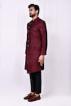 Aryavir Malhotra_Red Sherwani Velvet Embroidered Thread Work And Pant Set _at_Aza_Fashions