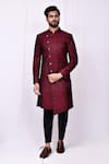 Shop_Aryavir Malhotra_Red Sherwani Velvet Embroidered Thread Work And Pant Set 