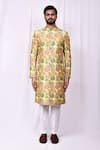 Buy_Aryavir Malhotra_Yellow Sherwani Velvet Woven Floral Jacquard And Pant Set _Online_at_Aza_Fashions