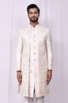 Shop_Aryavir Malhotra_Cream Sherwani Terry Rayon Woven Thread Embroidered Pant Set _Online_at_Aza_Fashions